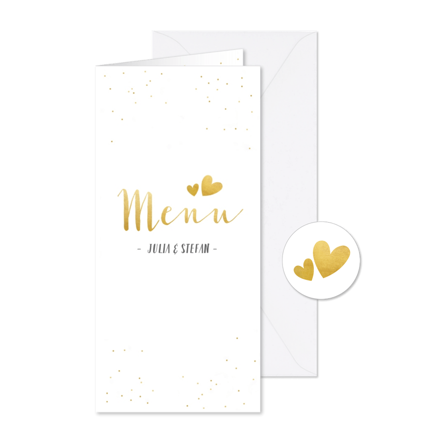 Menükarte Hochzeit mit Foto, goldener Schrift und Konfetti - Karteneindruck