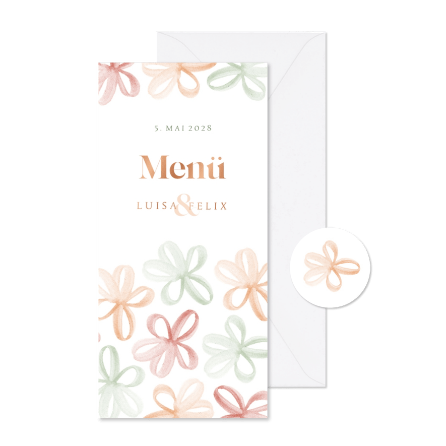 Menükarte Hochzeit mit Frühlingsblumen & Kupferdruck - Kartenvorschau