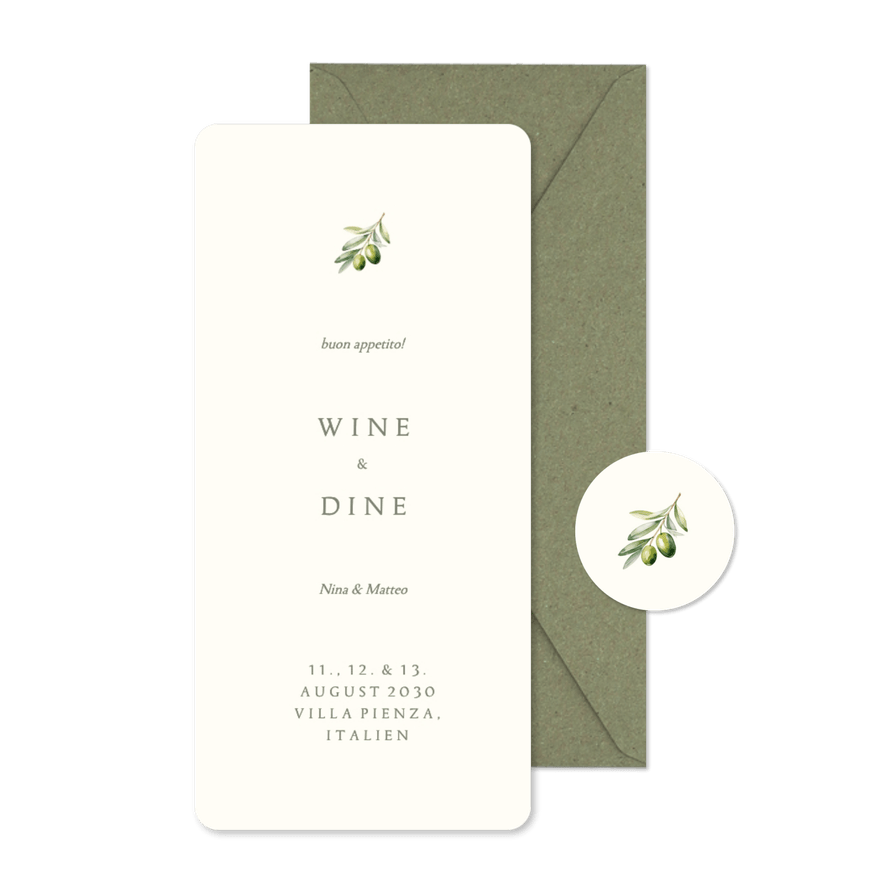 Menükarte Hochzeit Olivenzweig 'Wine & Dine' - Kartenvorschau
