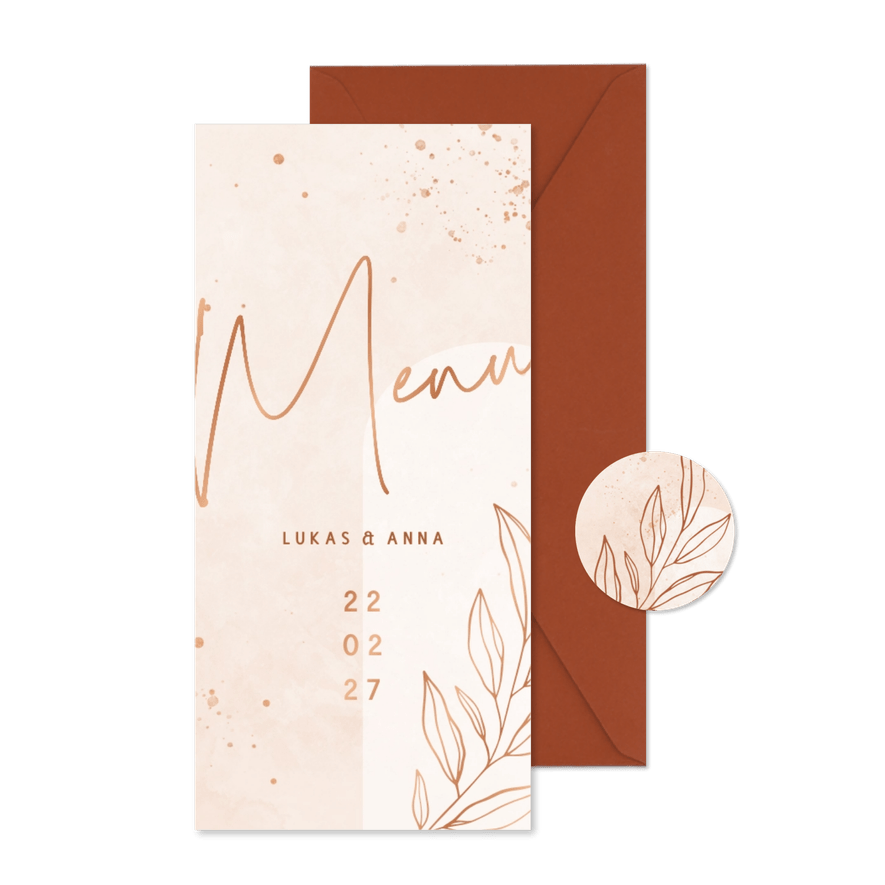 Menükarte Hochzeit rosé filigraner Zweig - Karteneindruck

