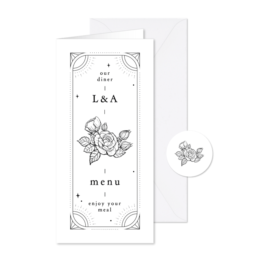 Menükarte Hochzeit Rose Tattoo-Look schwarz weiß - Kartenvorschau
