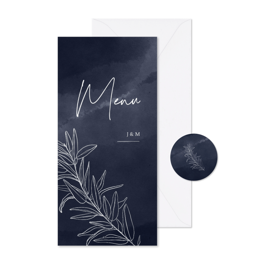 Menükarte Hochzeit Silber-Zweige auf Nachtblau - Karteneindruck
