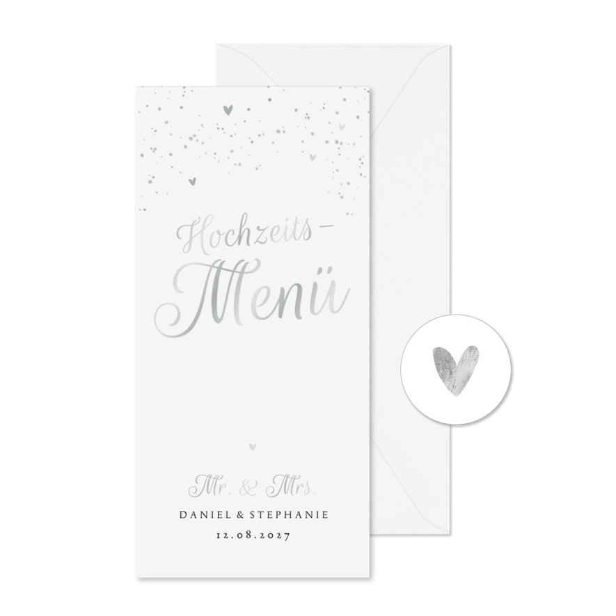 Menükarte Hochzeit Silberschrift - Karteneindruck