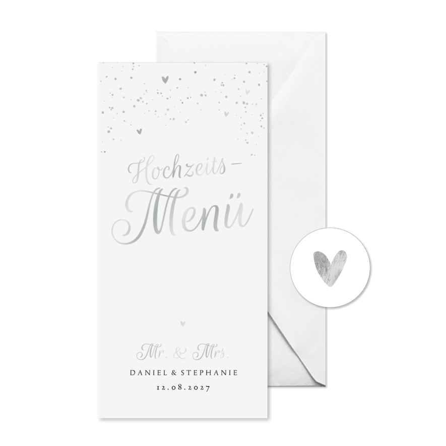 Menükarte Hochzeit Silberschrift - Karteneindruck
