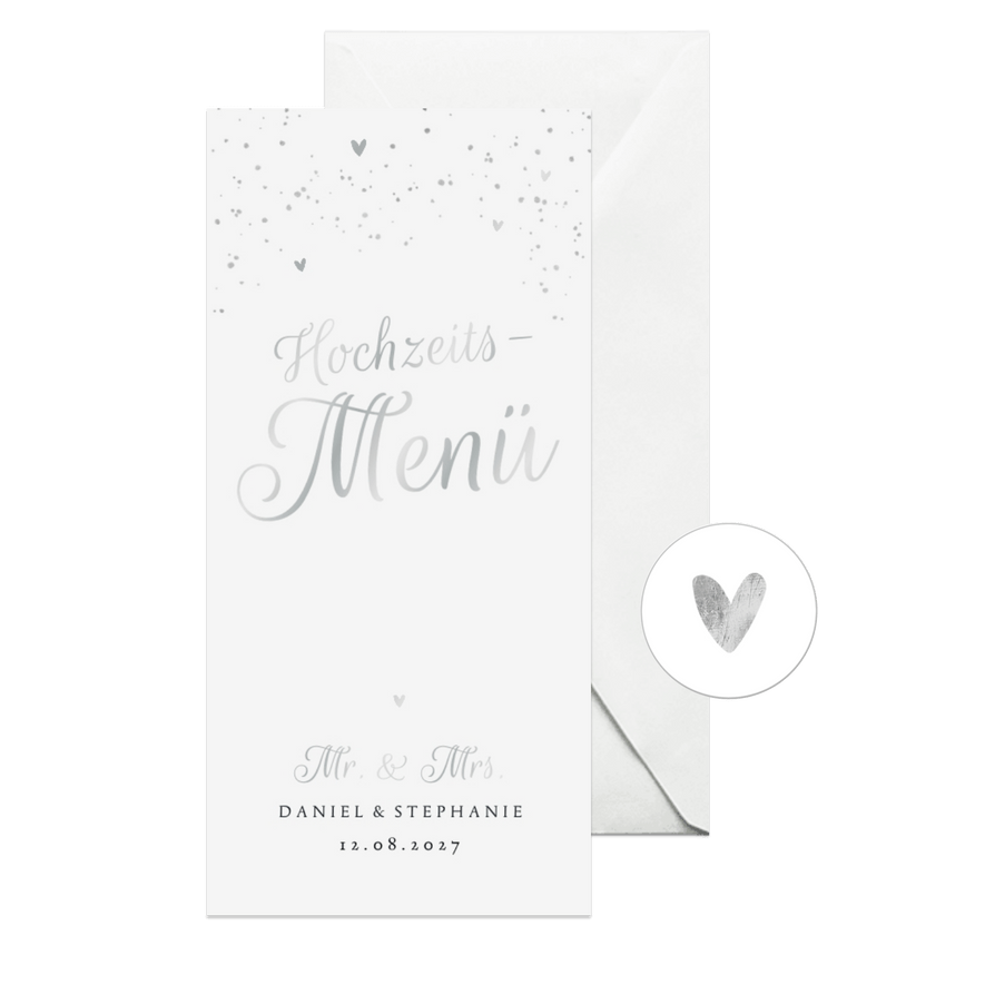 Menükarte Hochzeit Silberschrift - Karteneindruck
