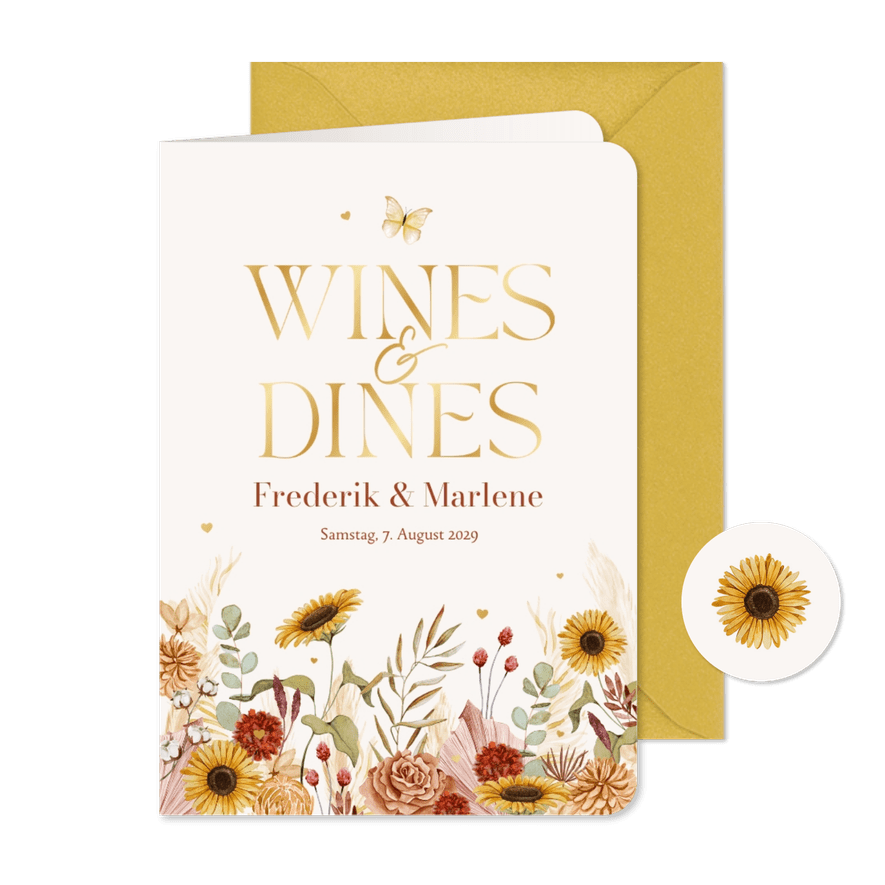 Menükarte Hochzeit Sommerblumen & Gold - Karteneindruck