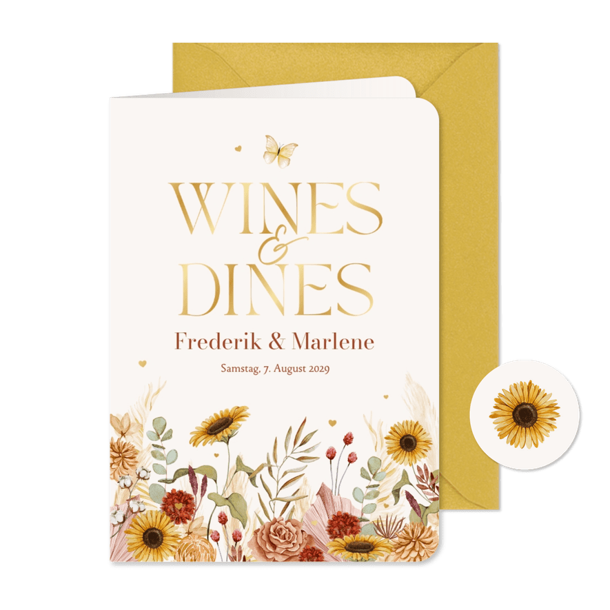 Menükarte Hochzeit Sommerblumen & Gold - Kartenvorschau