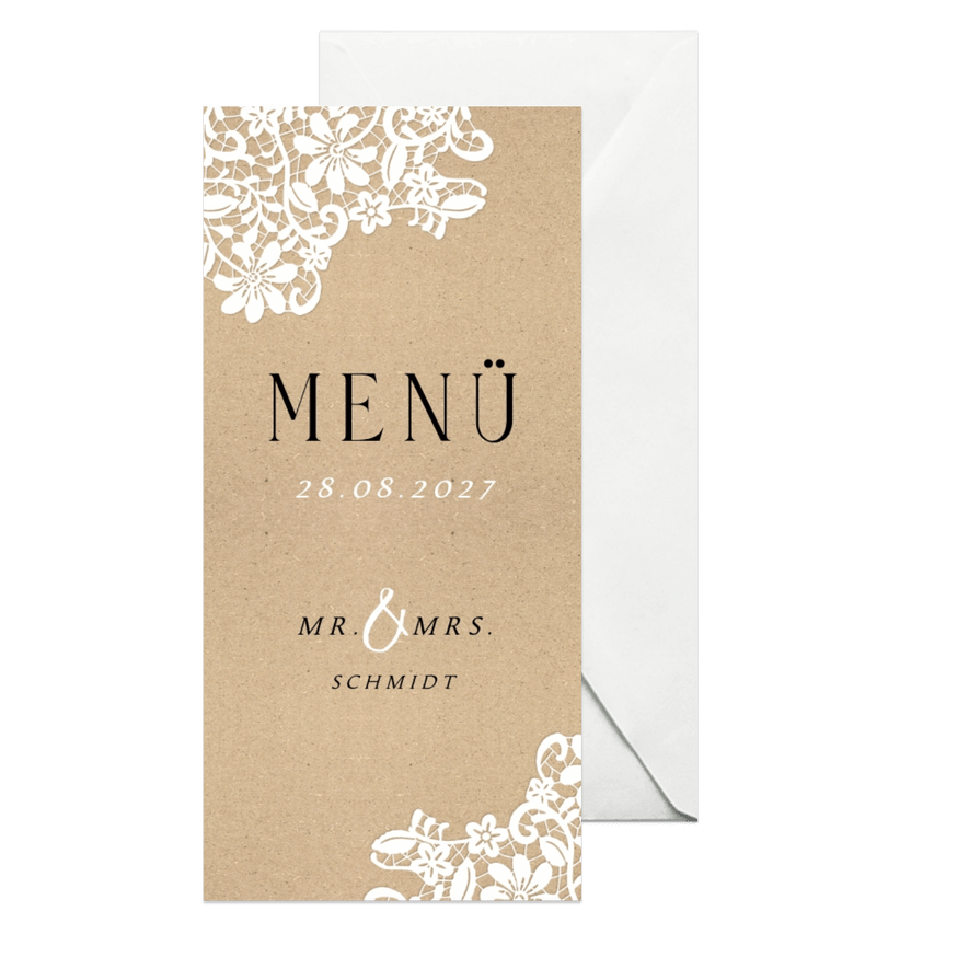 Menükarte Hochzeit Spitze romantisch Kraftpapierlook - Karteneindruck
