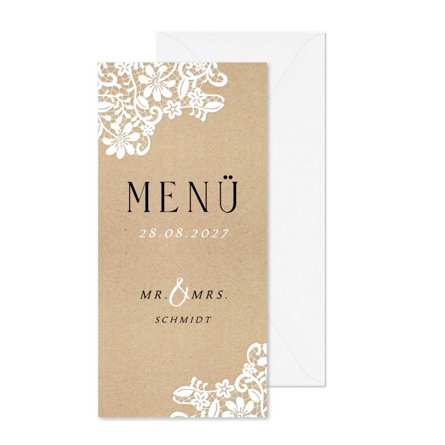 Menükarte Hochzeit Spitze romantisch Kraftpapierlook - Kartenvorschau
