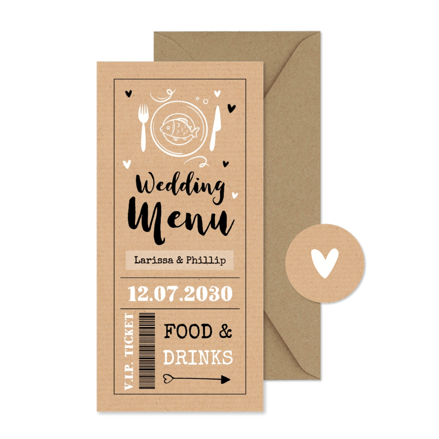 Menükarte Hochzeit Ticket Kraftpapierlook - Kartenvorschau