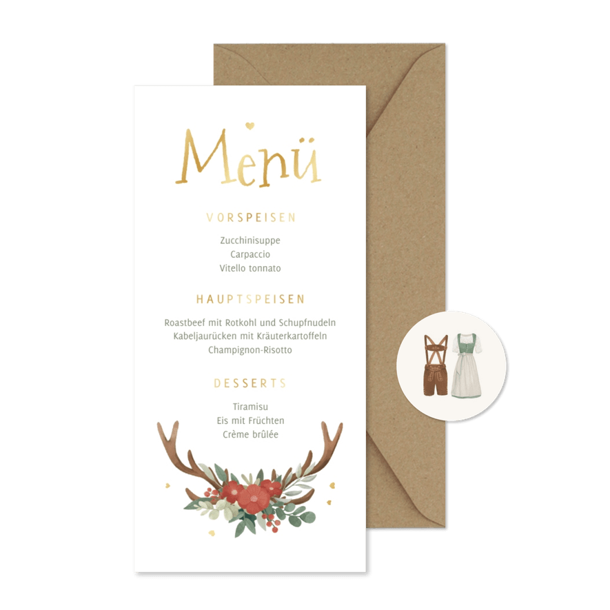 Menükarte Hochzeit Tracht, Blumen & Geweih - Karteneindruck
