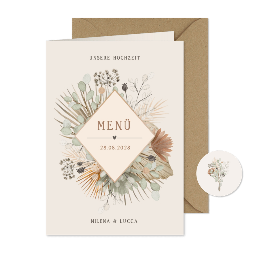 Menükarte Hochzeit Trockenblumen - Karteneindruck