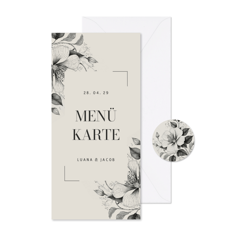 Menükarte Hochzeit Vintage Blumen - Karteneindruck