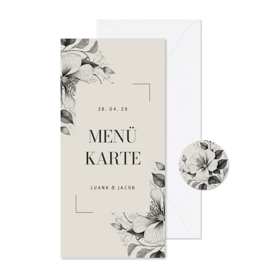 Menükarte Hochzeit Vintage Blumen - Karteneindruck
