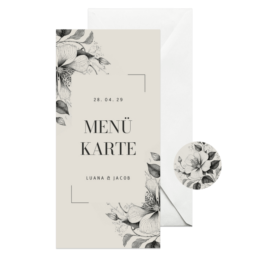 Menükarte Hochzeit Vintage Blumen - Karteneindruck
