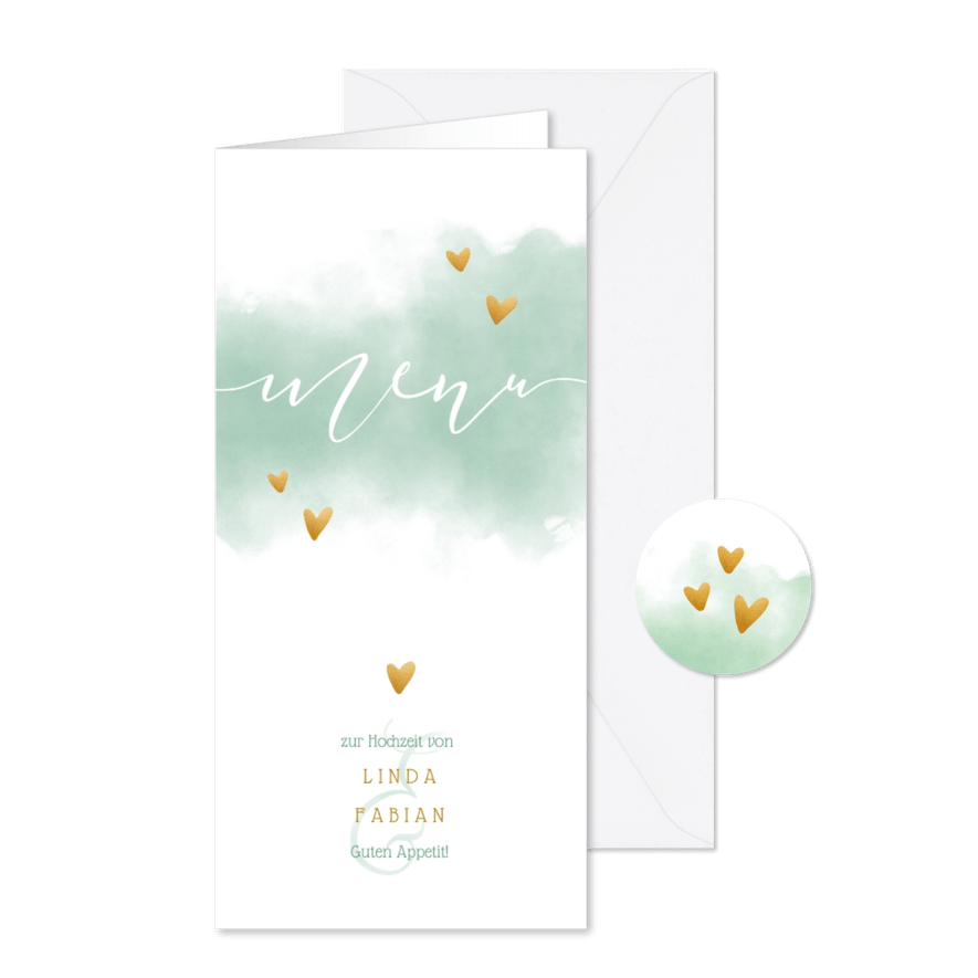 Menükarte Hochzeit Wasserfarbe und goldenen Herzen - Karteneindruck
