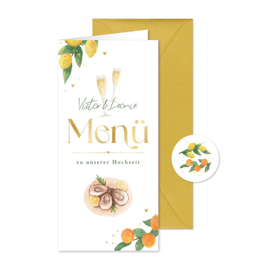 Menükarte Hochzeit Zitrusfrüchte - Karteneindruck
