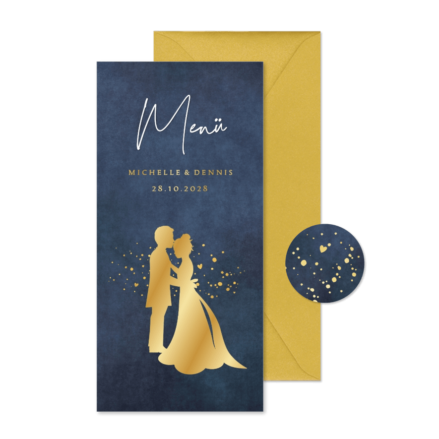 Menükarte Hochzeitsessen Brautpaar Scherenschnitt gold - Karteneindruck
