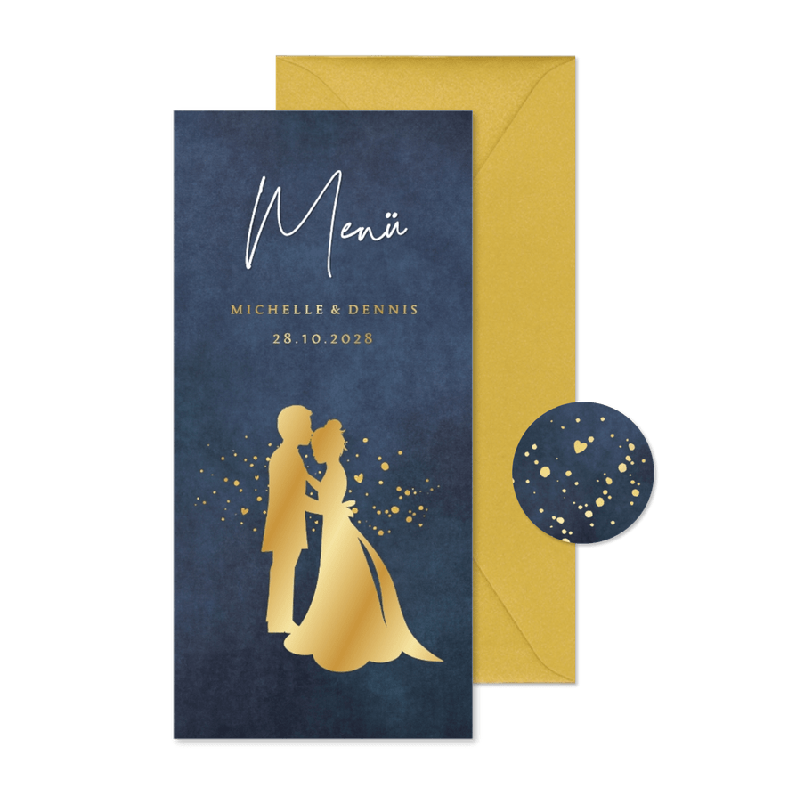 Menükarte Hochzeitsessen Brautpaar Scherenschnitt gold - Karteneindruck

