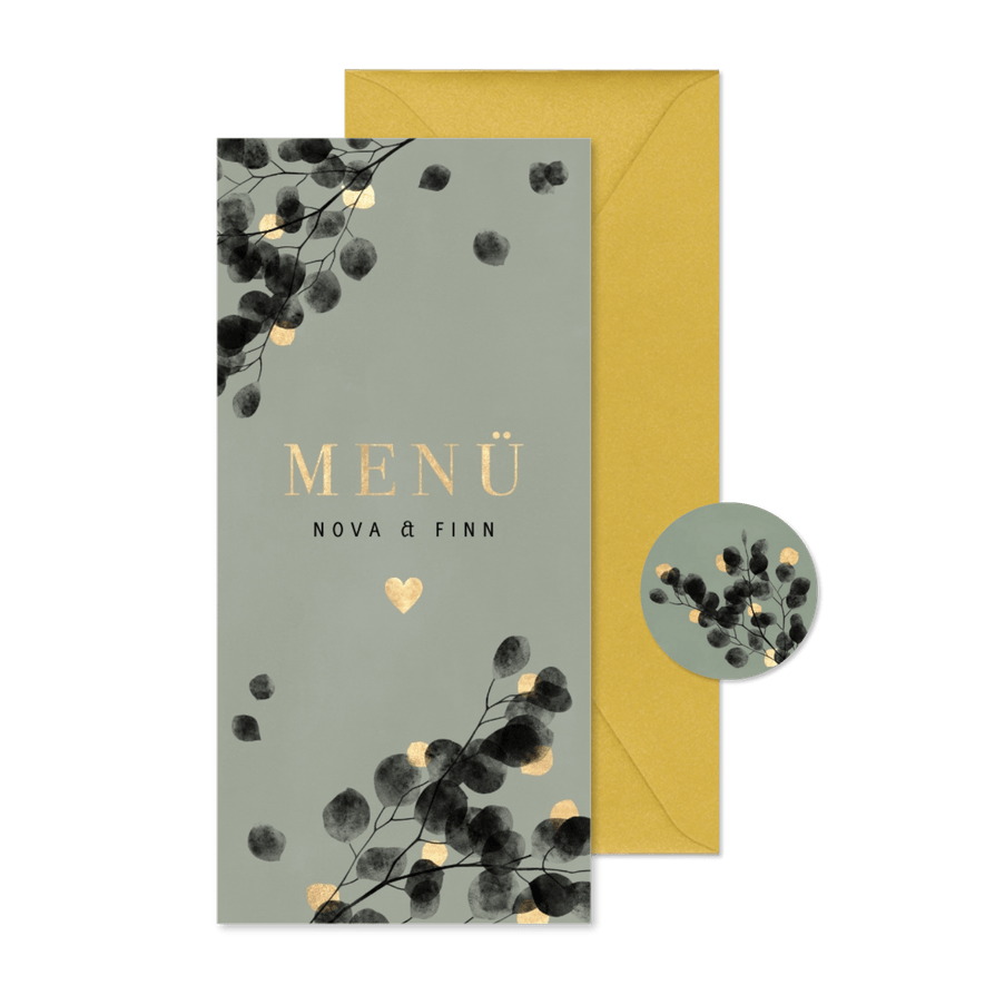 Menükarte Hochzeitsfeier Eukalyptus schwarz - Karteneindruck

