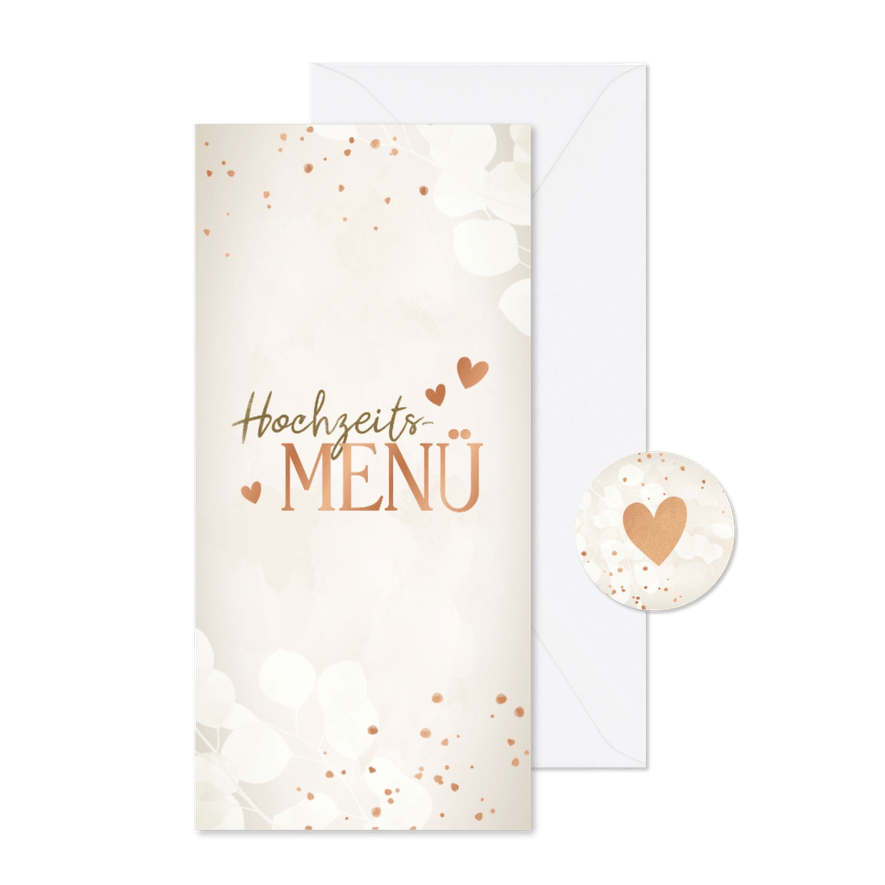 Menükarte Hochzeitsfeier Herzen Kupfer - Karteneindruck
