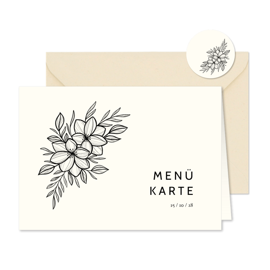 Menükarte Hochzeitsfeier schwarze Blumen - Karteneindruck
