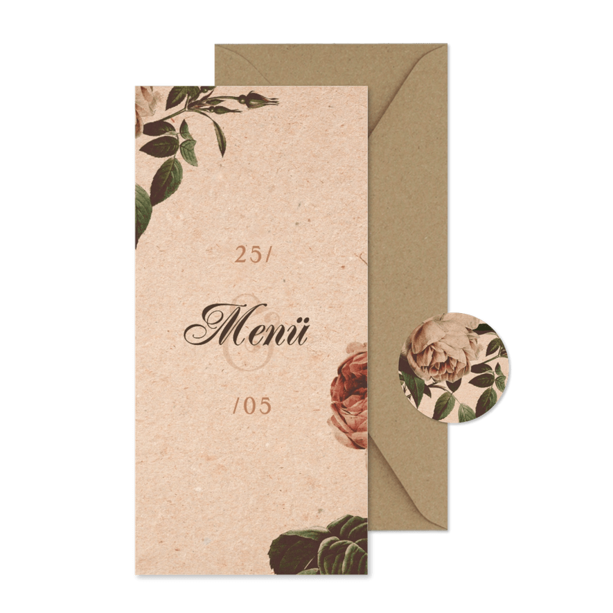 Menükarte Hochzeitsfeier Vintagerosen auf Kraftpapier - Karteneindruck