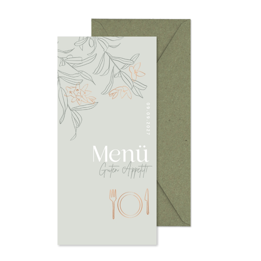 Menükarte Hochzeitsmenü Blüten kupfer - Karteneindruck