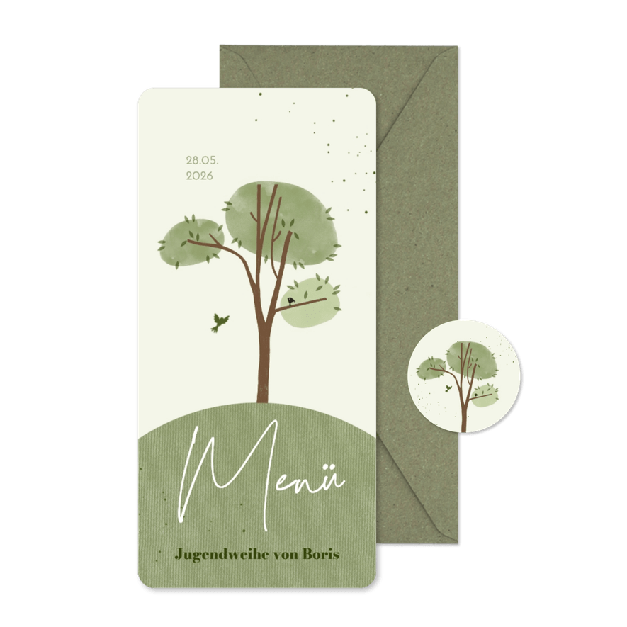Menükarte Jugendweihe Baum Papierstruktur Vogel - Kartenvorschau
