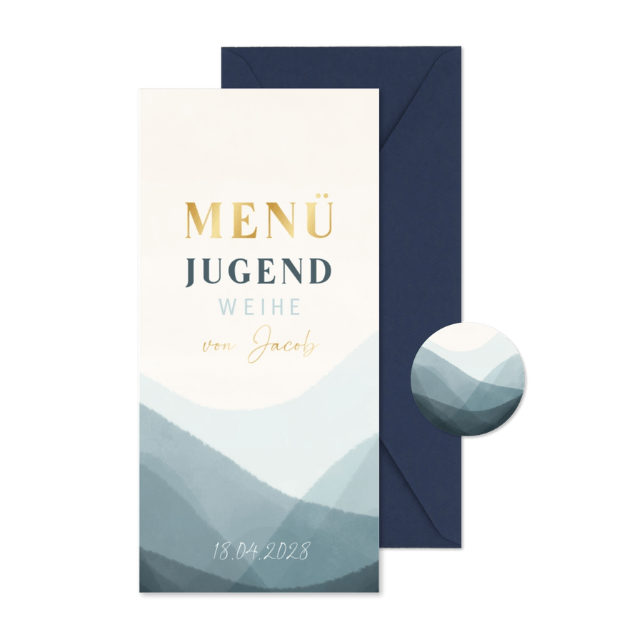 Menükarte Jugendweihe blaues Aquarell & Gold - Karteneindruck