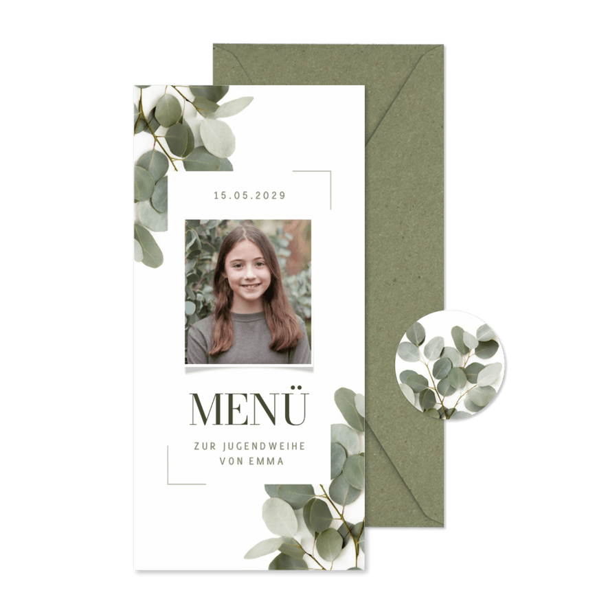 Menükarte Jugendweihe Foto Eukalyptus grafisch - Karteneindruck
