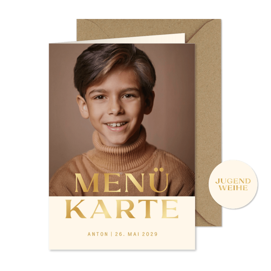 Menükarte Jugendweihe Fotokarte schlicht beige - Kartenvorschau