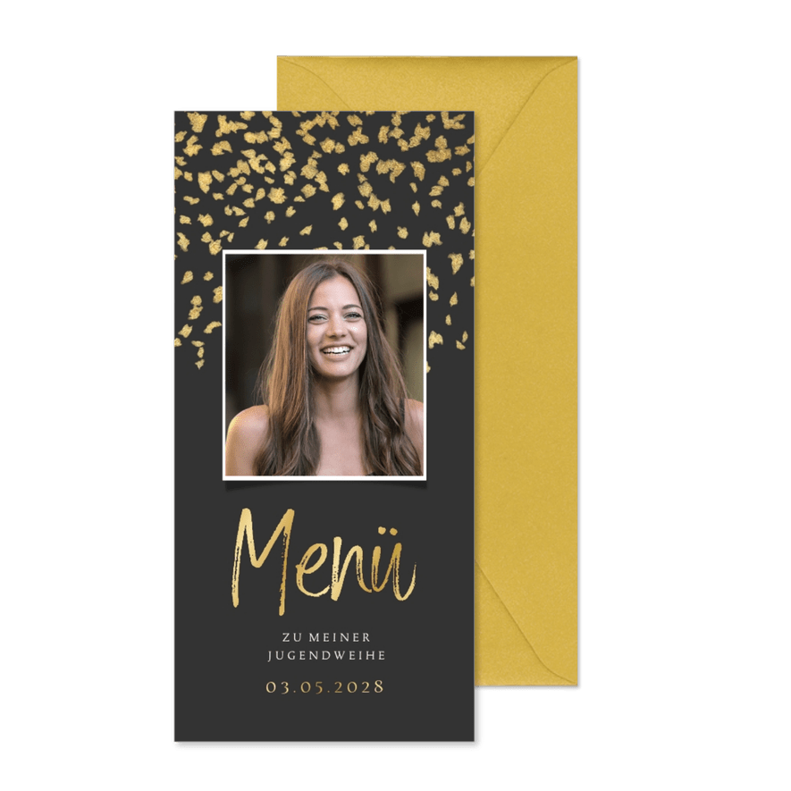 Menükarte Jugendweihe Goldkonfetti Foto - Karteneindruck
