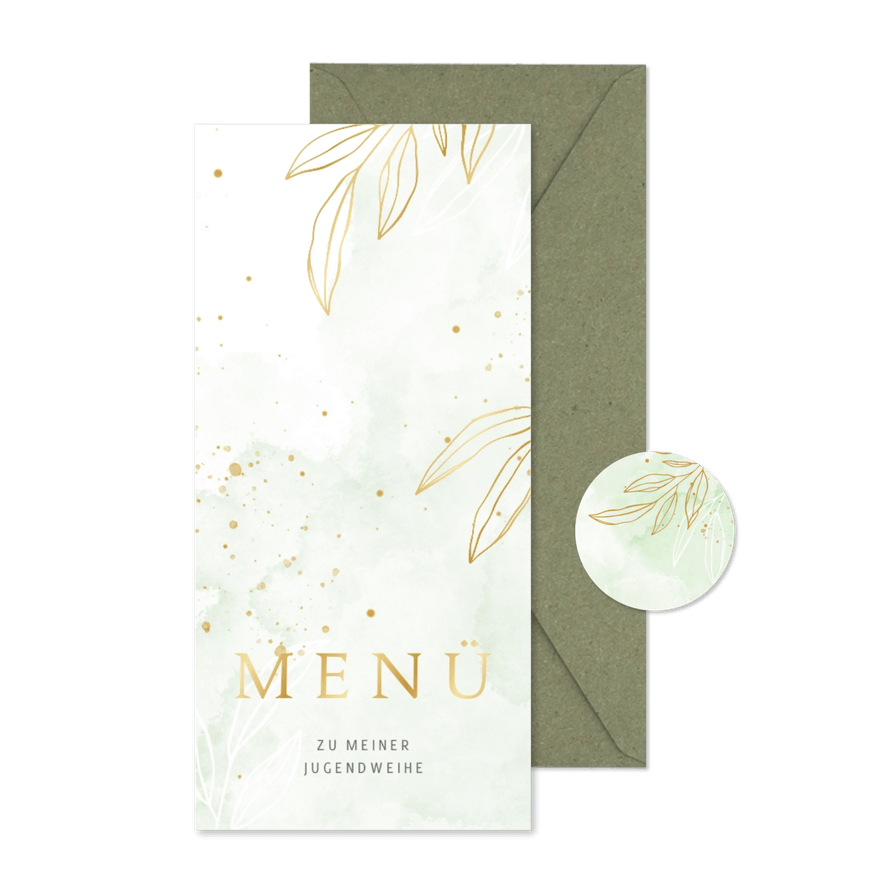 Menükarte Jugendweihe grünes Aquarell & Gold - Karteneindruck
