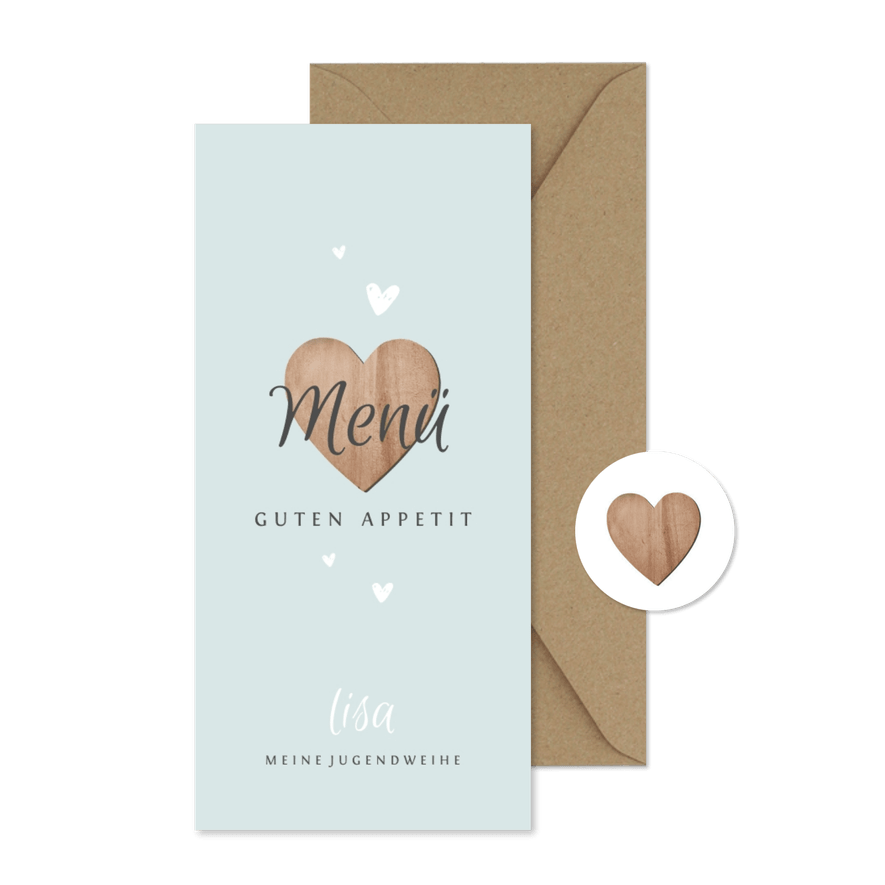 Menükarte Jugendweihe Holzherz - Karteneindruck