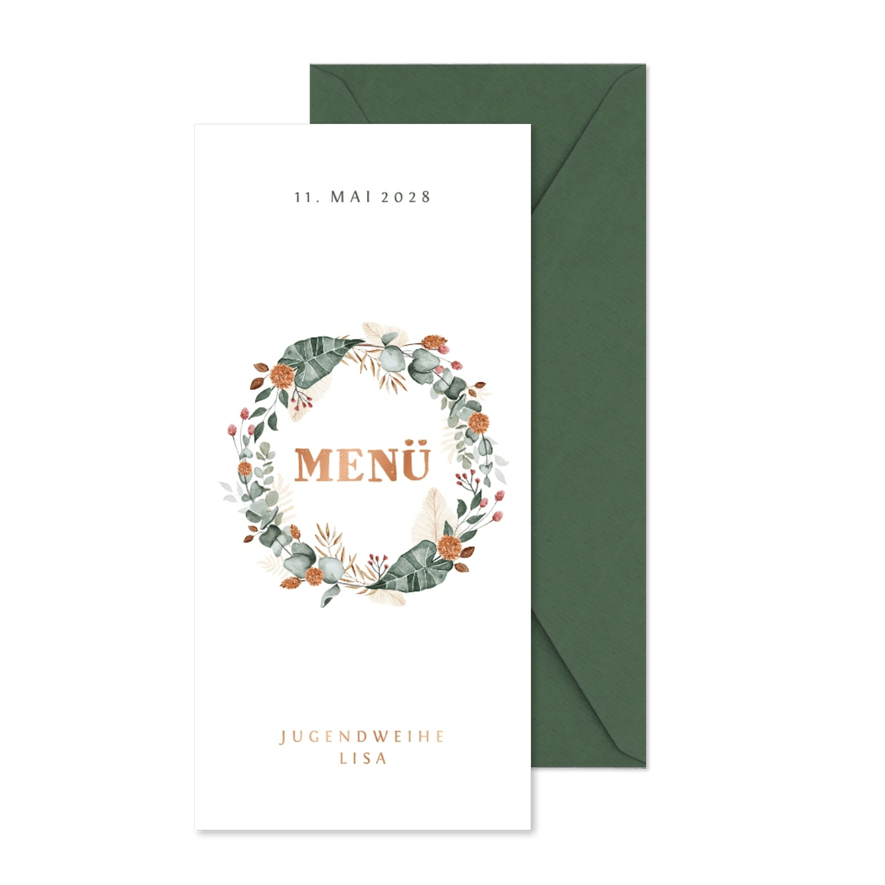 Menükarte Jugendweihe Kranz aus Blumen und Blättern - Karteneindruck

