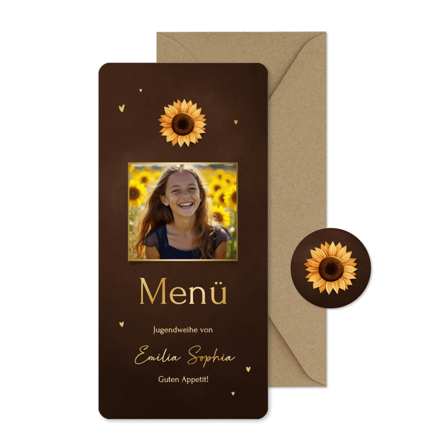 Menükarte Jugendweihe mit Foto & Sonnenblume auf Braun - Karteneindruck
