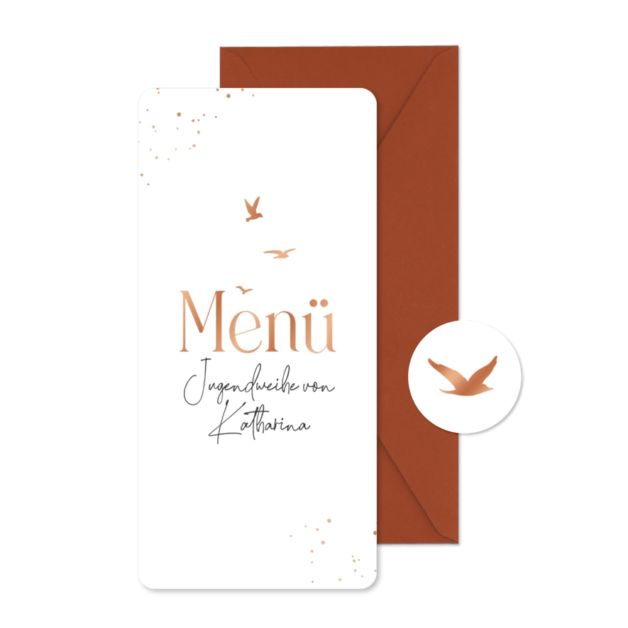 Menükarte Jugendweihe Vögel Kupfer - Karteneindruck