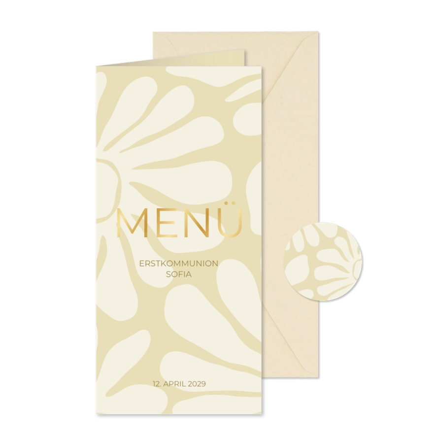 Menükarte Kommunion abstrakte Blumen & Goldschrift - Karteneindruck
