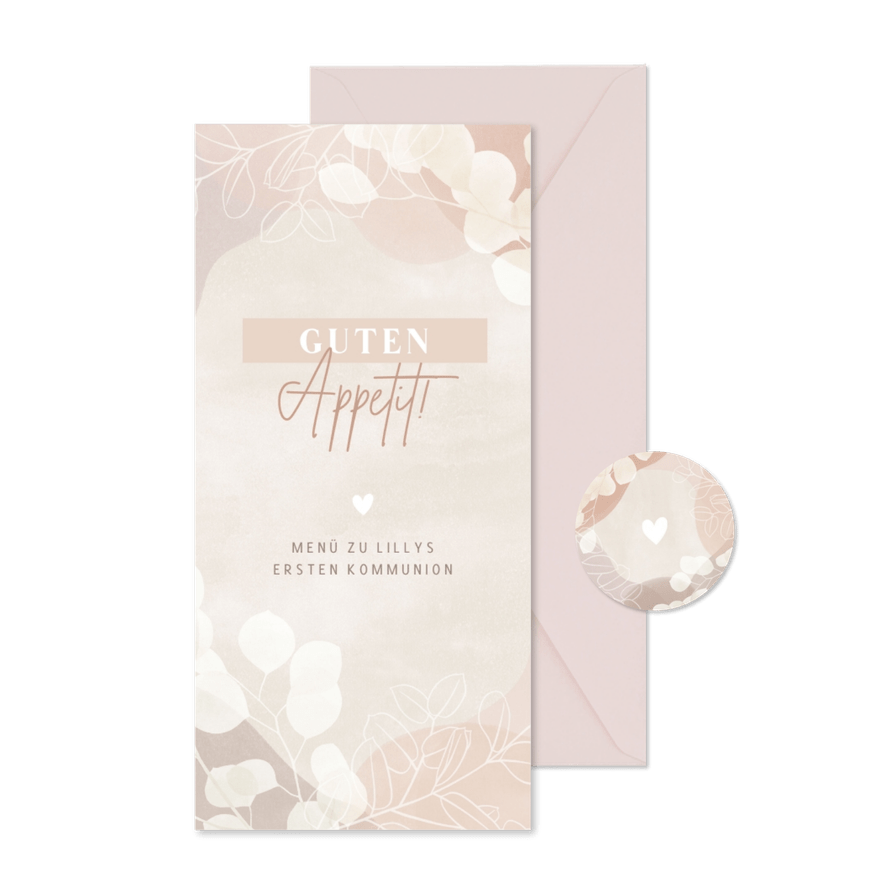 Menükarte Kommunion Blätter in rosa Pastell - Karteneindruck
