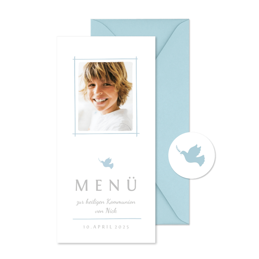 Menükarte Kommunion blau schlichte Eleganz mit Foto - Karteneindruck