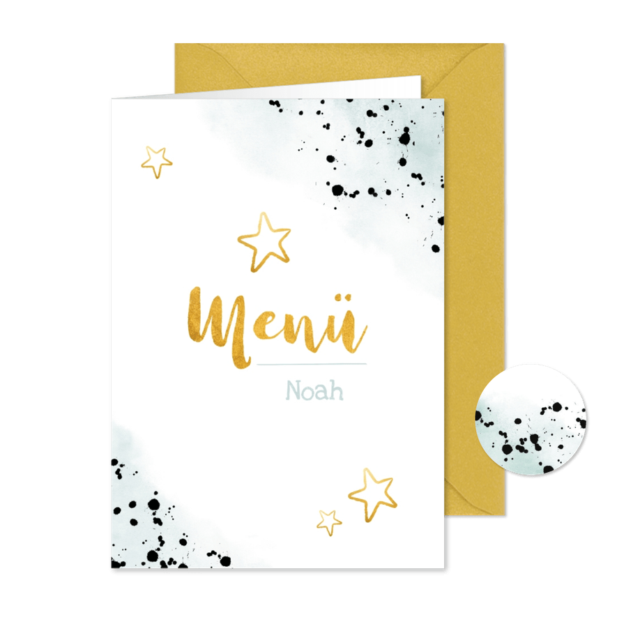 Menükarte Kommunion blaue Wasserfarbe & Goldlook - Karteneindruck