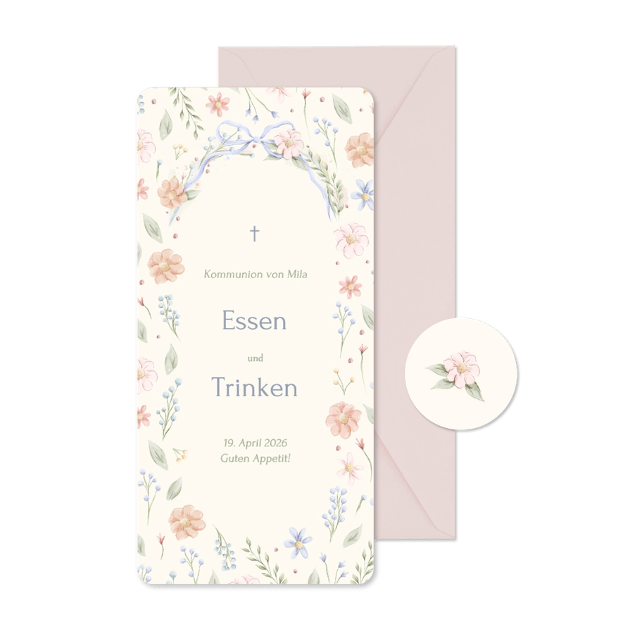 Menükarte Kommunion Blumenkranz Schleife Beige Aquarell - Karteneindruck
