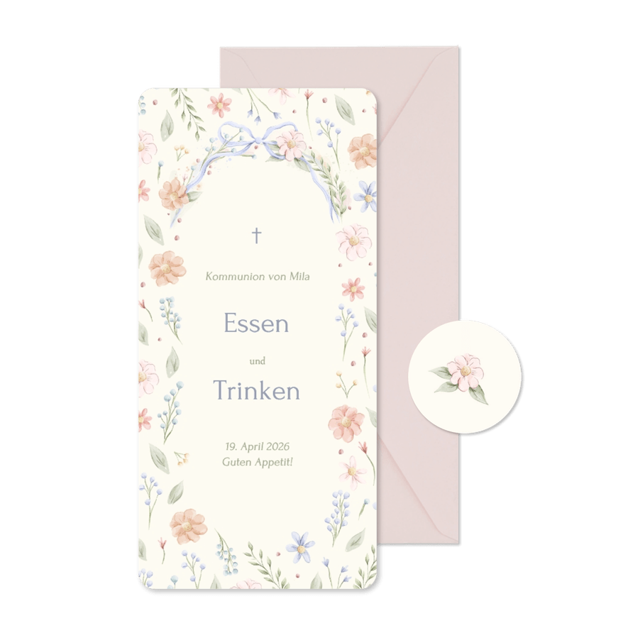 Menükarte Kommunion Blumenkranz Schleife Beige Aquarell - Karteneindruck

