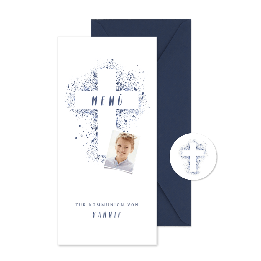 Menükarte Kommunion eigenes Foto blau Kreuz Farbspritzer - Karteneindruck