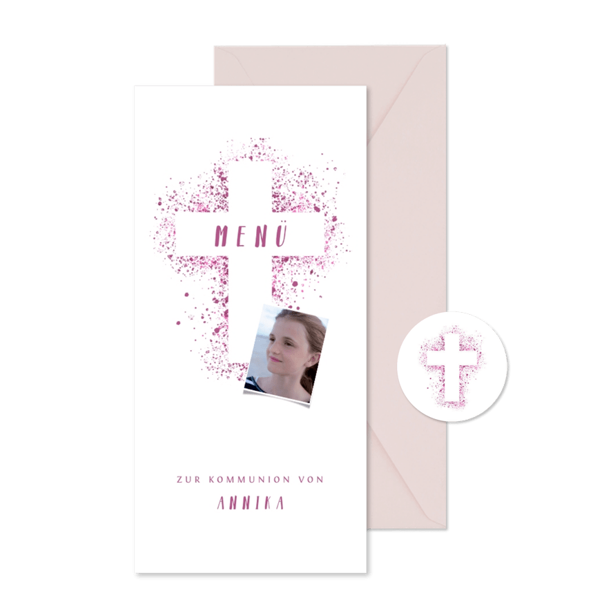Menükarte Kommunion eigenes Foto pink Kreuz Farbspritzer - Karteneindruck
