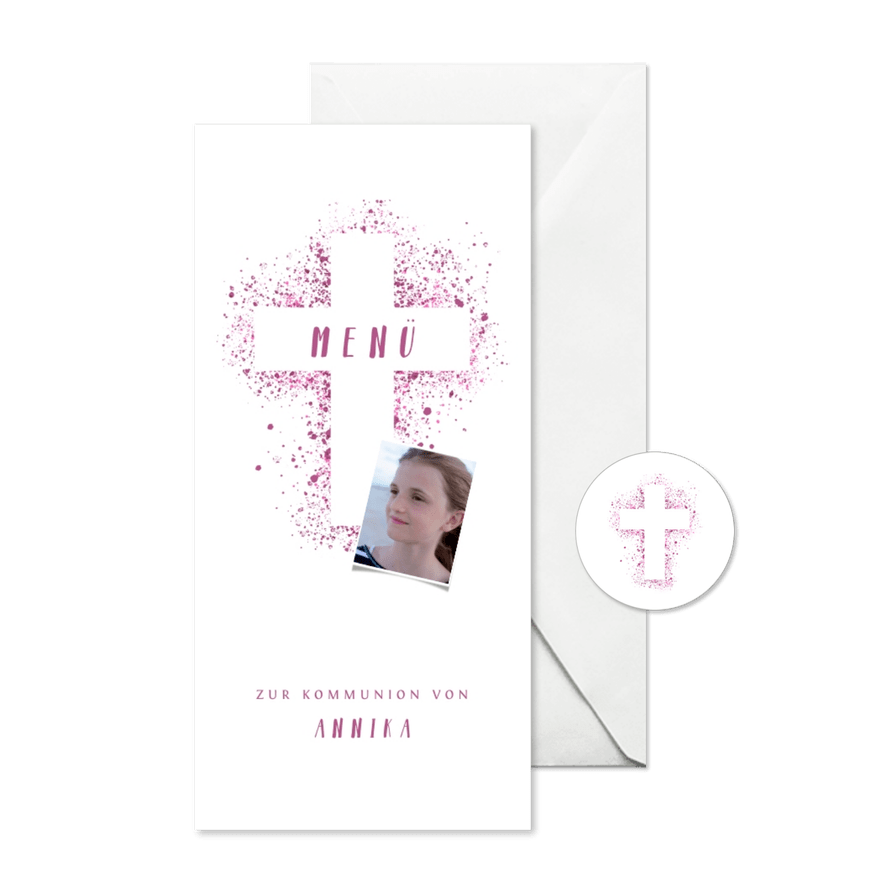 Menükarte Kommunion eigenes Foto pink Kreuz Farbspritzer - Karteneindruck