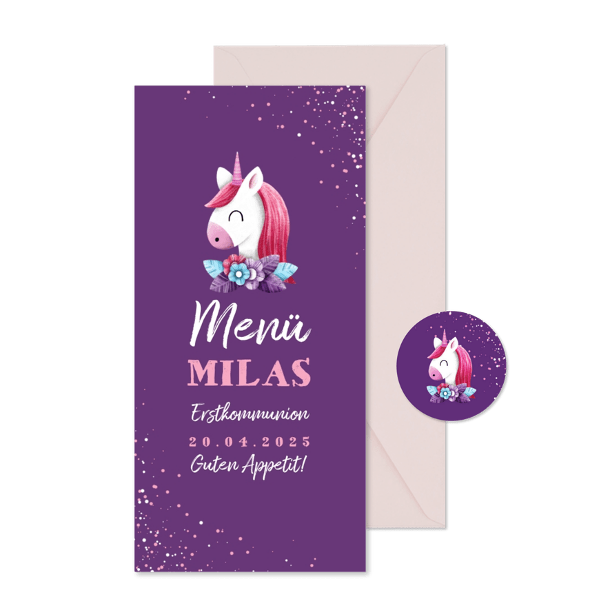 Menükarte Kommunion Einhorn Mädchen - Karteneindruck