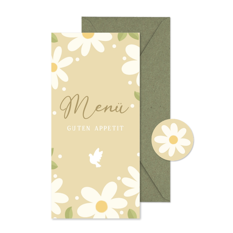 Menükarte Kommunion Gänseblümchen auf Gelb - Karteneindruck
