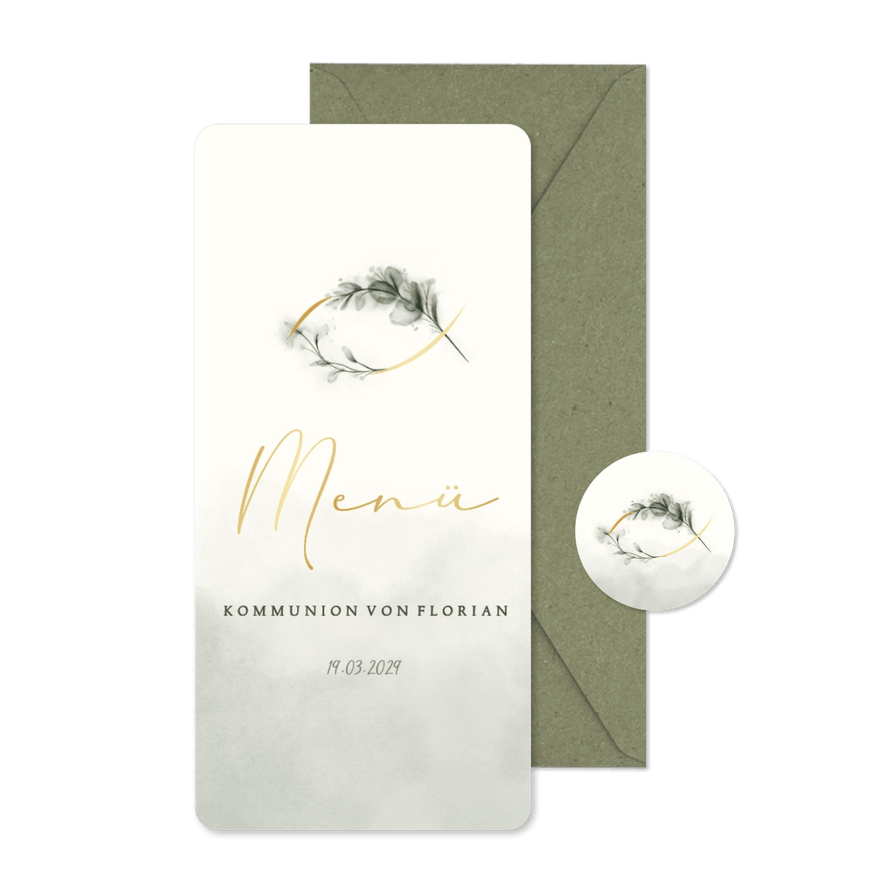 Menükarte Kommunion grün Aquarell Ichthys - Karteneindruck
